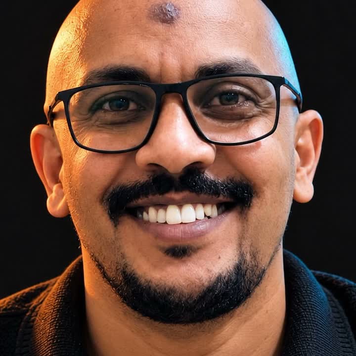 Essam Daoud smiling in a black shirt, lit with orange and blue studio lighting